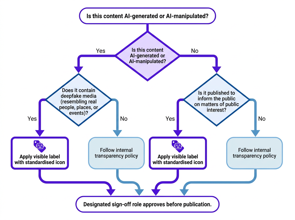Flowchart showing EU AI Act content labelling decision process for publishers