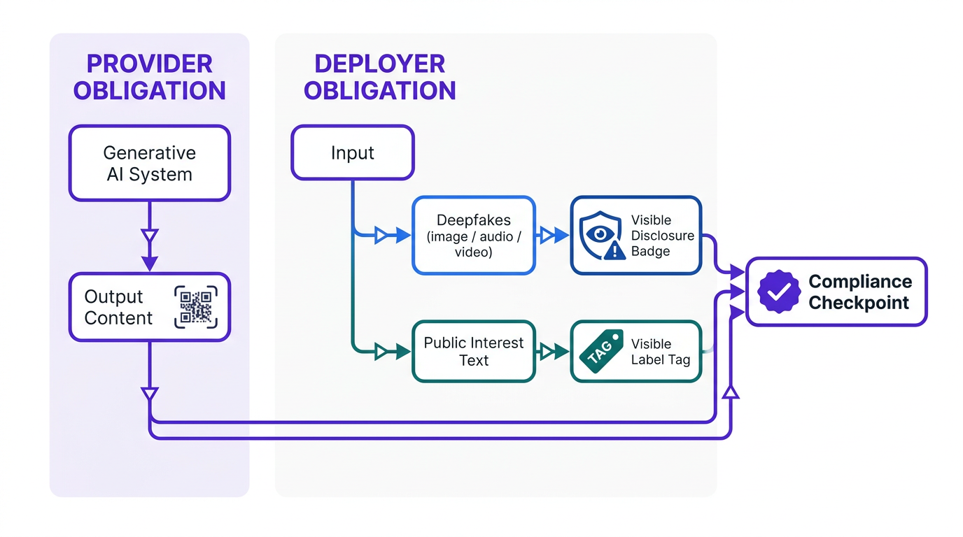 Flowchart diagram of EU AI Act Article 50 provider and deployer content labelling obligations