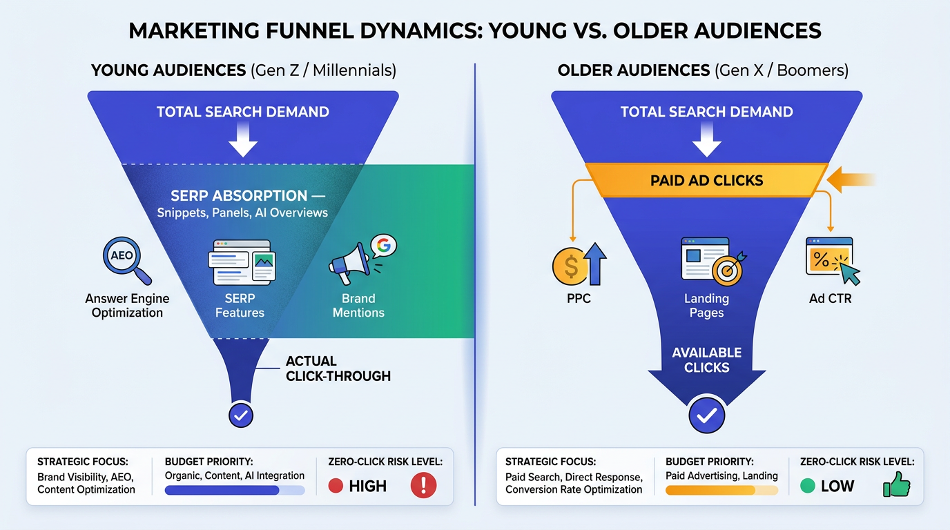Split funnel infographic comparing zero-click search impact for young versus older audiences