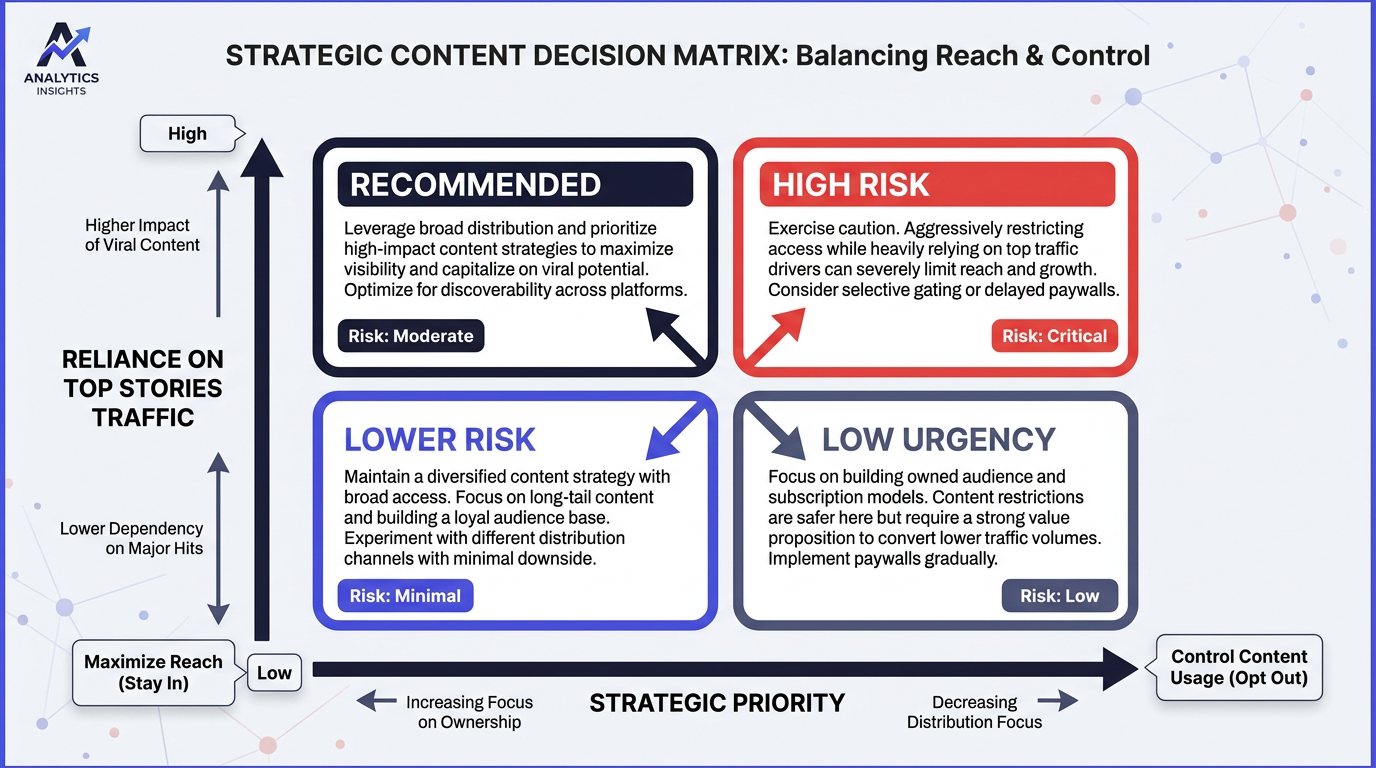 Publisher decision matrix for AI overviews opt out versus Top Stories traffic reliance