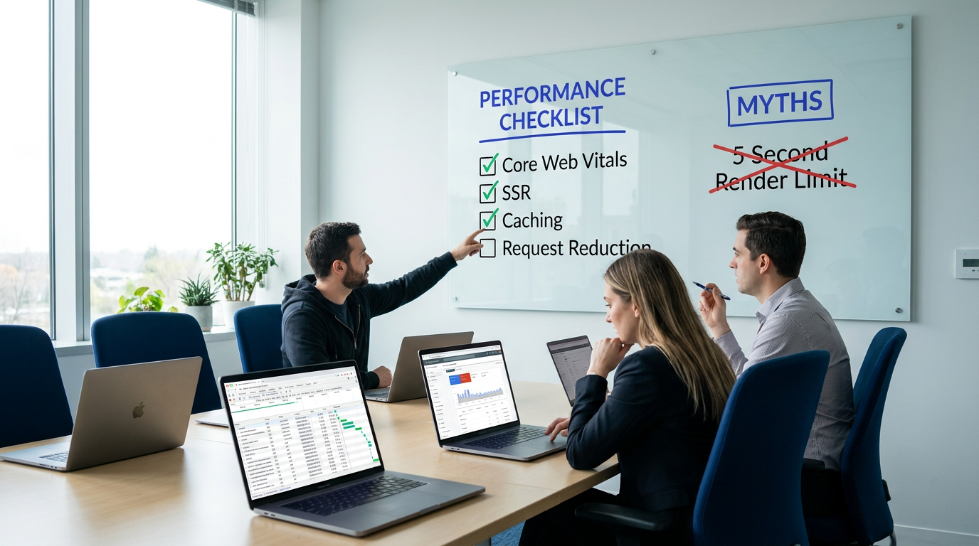 Cross-functional team reviewing performance checklist debunking google 5 second render limit
