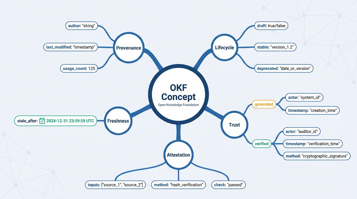 OKF v0.2 mindmap showing five trust signal families and their fields