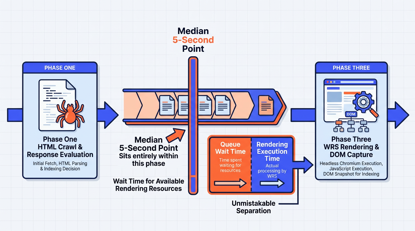 Sequence diagram showing Googlebot crawl, queue wait, and WRS rendering phases with 5-second median marker