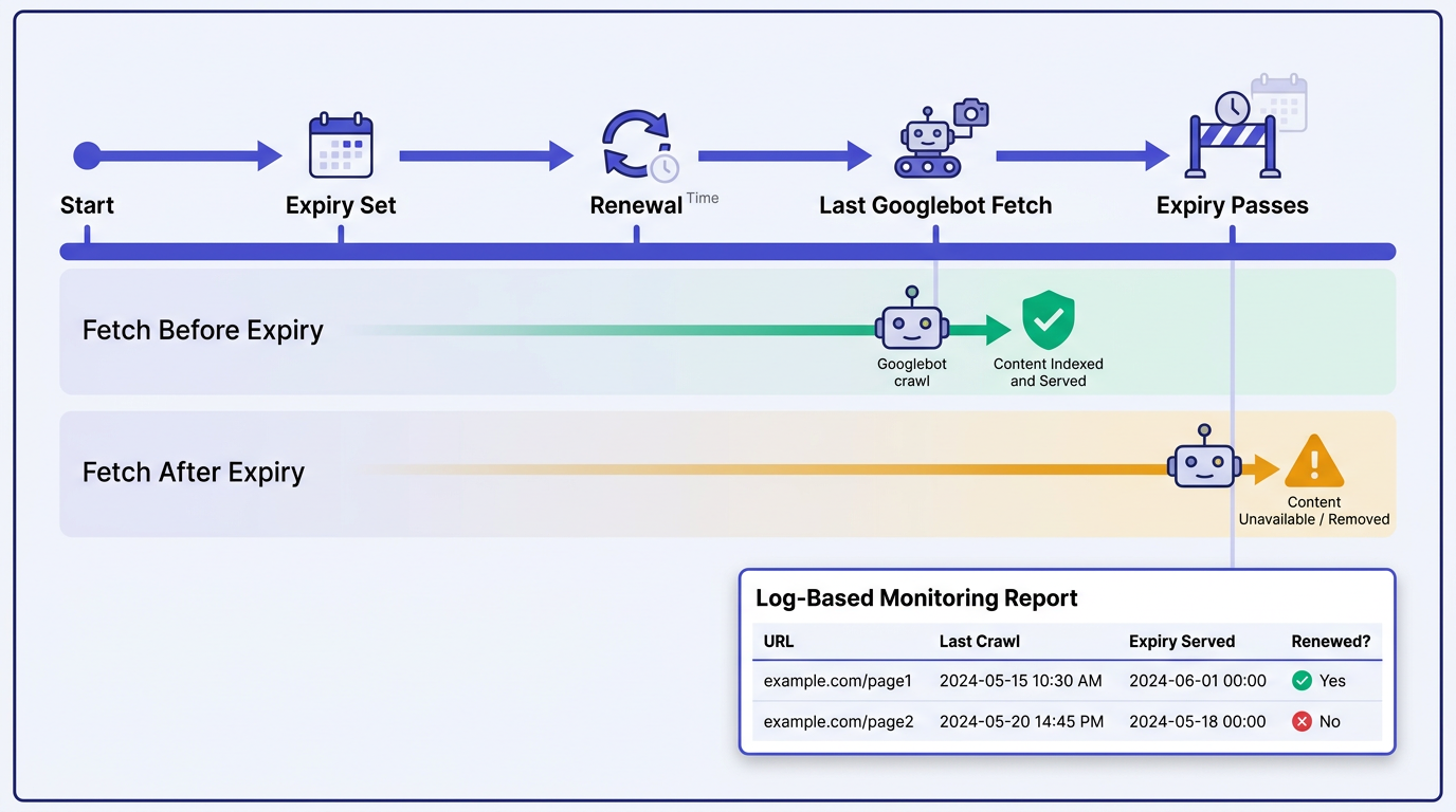 Timeline infographic showing unavailable_after meta tag expiry and Googlebot fetch scenarios