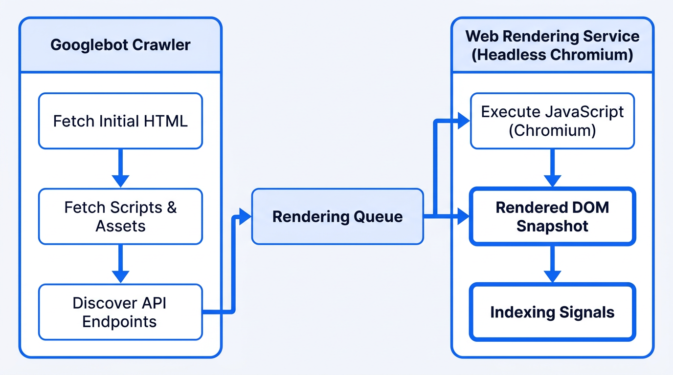 Googlebot JavaScript rendering flow with crawler and Web Rendering Service lanes