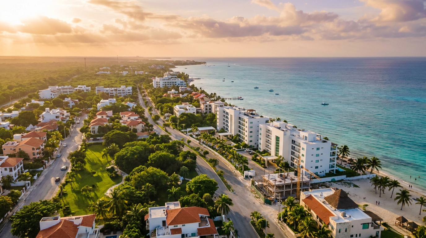 A scenic aerial view of Cozumel's coastline with residential and vacation properties, illustrating the island's robust real estate market in August 2026.