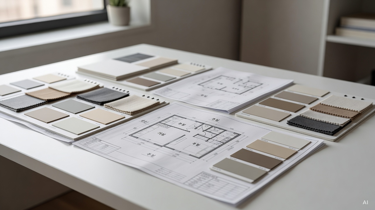 interior planning documents and color swatches laid out on a white desk