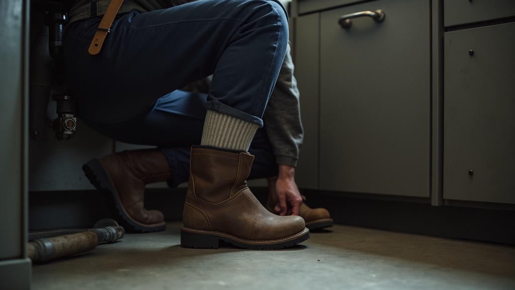 Plomero en postura de trabajo con calcetines técnicos de lana merino