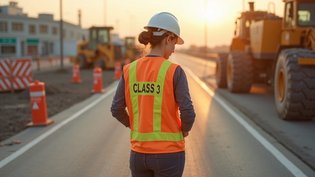 Mujer ajustando chaleco de alta visibilidad clase 3 en obra vial