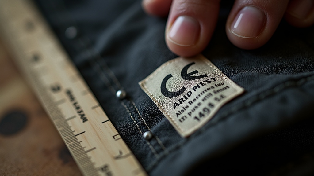 Etiqueta de certificación EN en el interior de un pantalón de trabajo para mujer