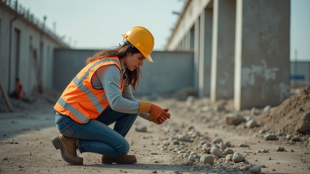 Mujer trabajadora en obra con equipo de protección personal completo