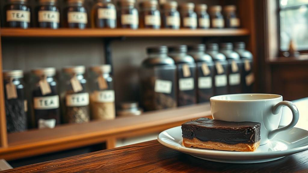 Étagères d'un salon de thé avec boîtes de thé en vrac et tasse de thé noir