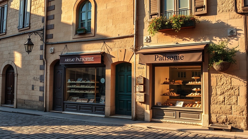 Ruelles pavées d'un village médiéval français avec vitrine de pâtissier artisan