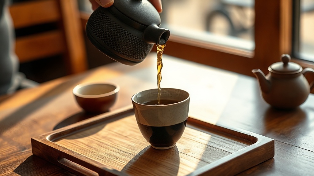 Théière en fonte versant du thé dans une tasse en céramique dans un salon de thé