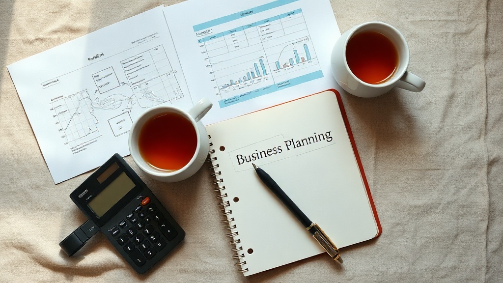 Carnet de business plan pour salon de thé avec tasse de thé fumante