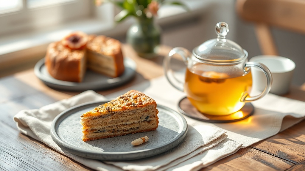 Pâtisserie végétalienne maison avec théière en verre sur table en bois clair