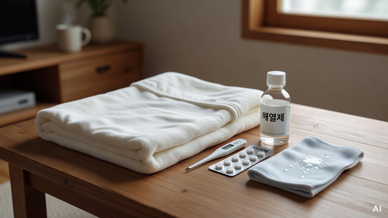 soft white baby blanket and fever-reducing items arranged neatly on a wooden surface
