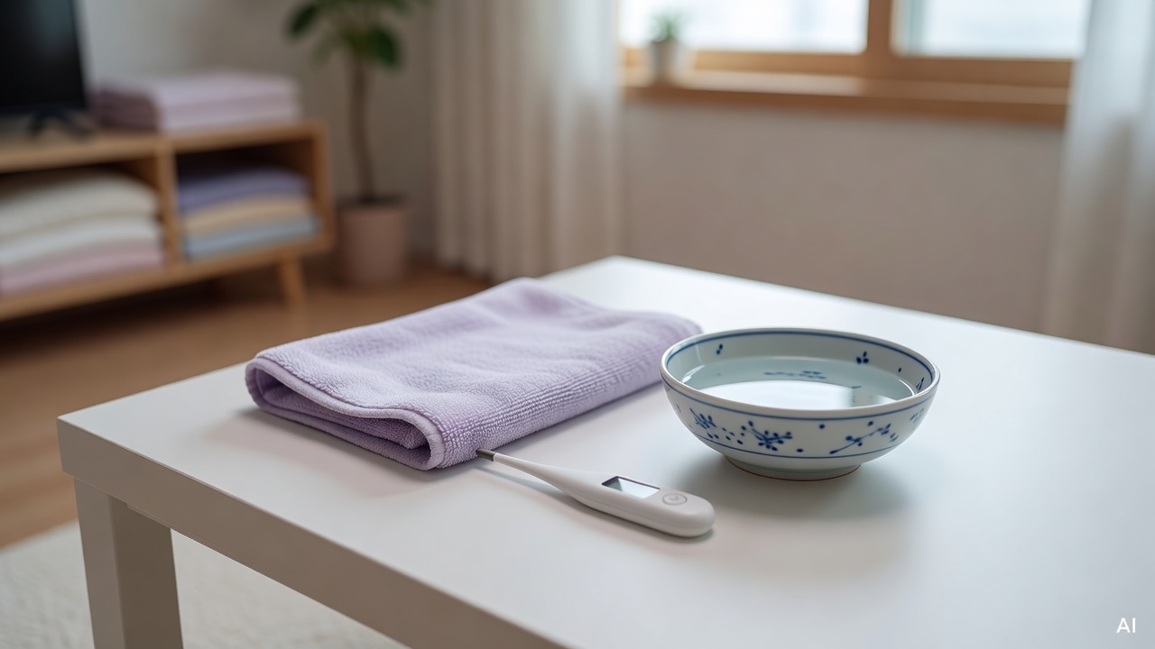 baby thermometer placed next to a soft towel and bowl of water on a white table