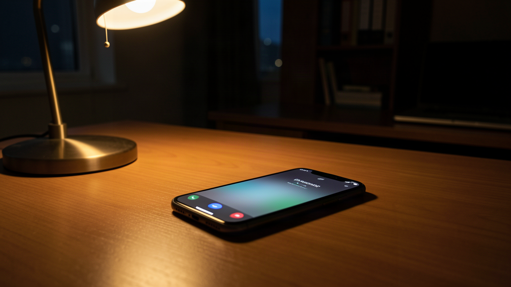 A small business owner's phone ringing on a desk at night, with a missed-call notification glowing on the screen
