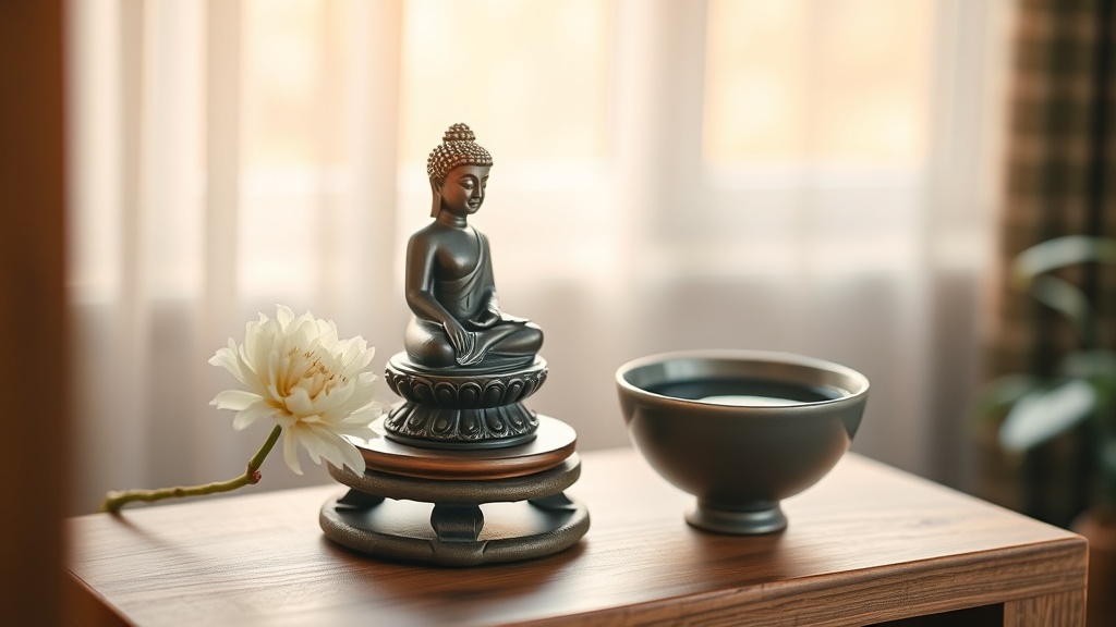 Autel bouddhiste minimaliste avec statue en bronze, bol d'eau et fleur blanche sur une étagère en bois