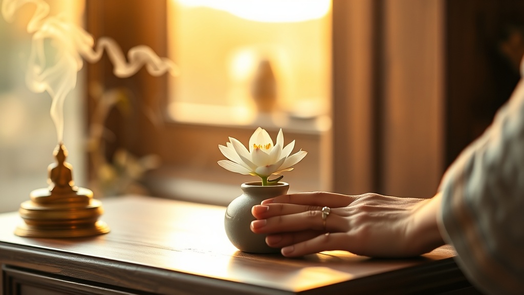 Mains plaçant délicatement une fleur de lotus sur un autel bouddhiste en bois avec encens et statue floue en arrière-plan