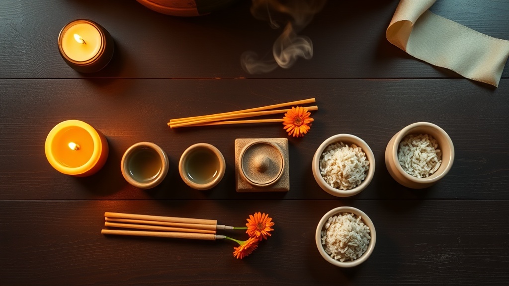Les cinq offrandes traditionnelles bouddhistes disposées sur une surface en bois sombre : eau, encens, bougie, fleurs et nourriture