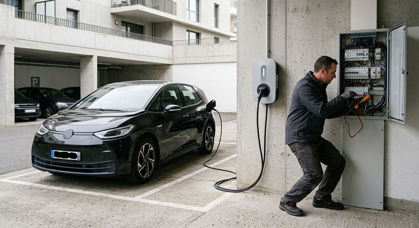 Borne de recharge électrique murale connectée en copropriété, avec installateur IRVE contrôlant le tableau électrique à proximité