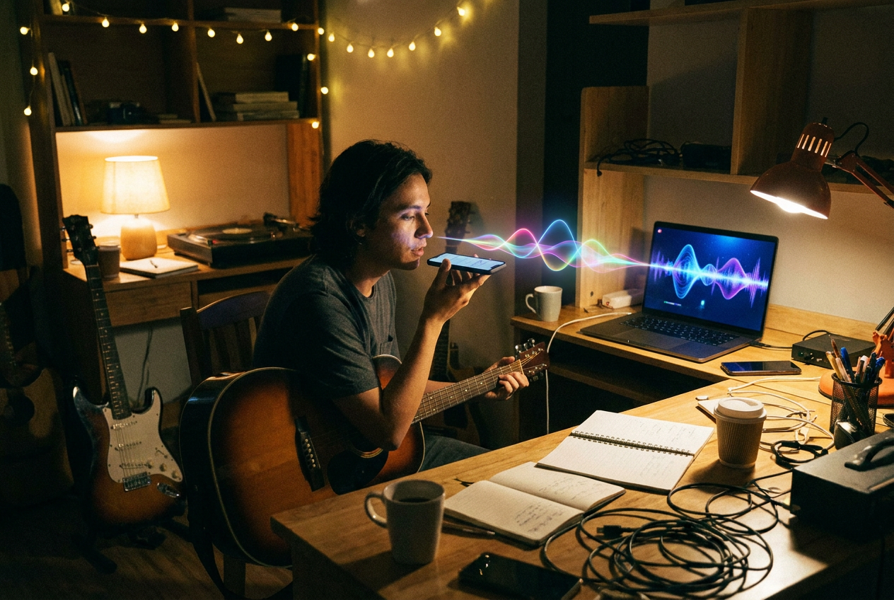 A musician recording vocals into a phone in a bedroom, with colorful sound waves flowing from the phone into a laptop screen showing an AI interface, warm ambient lighting, messy creative workspace with guitars and notebooks scattered around