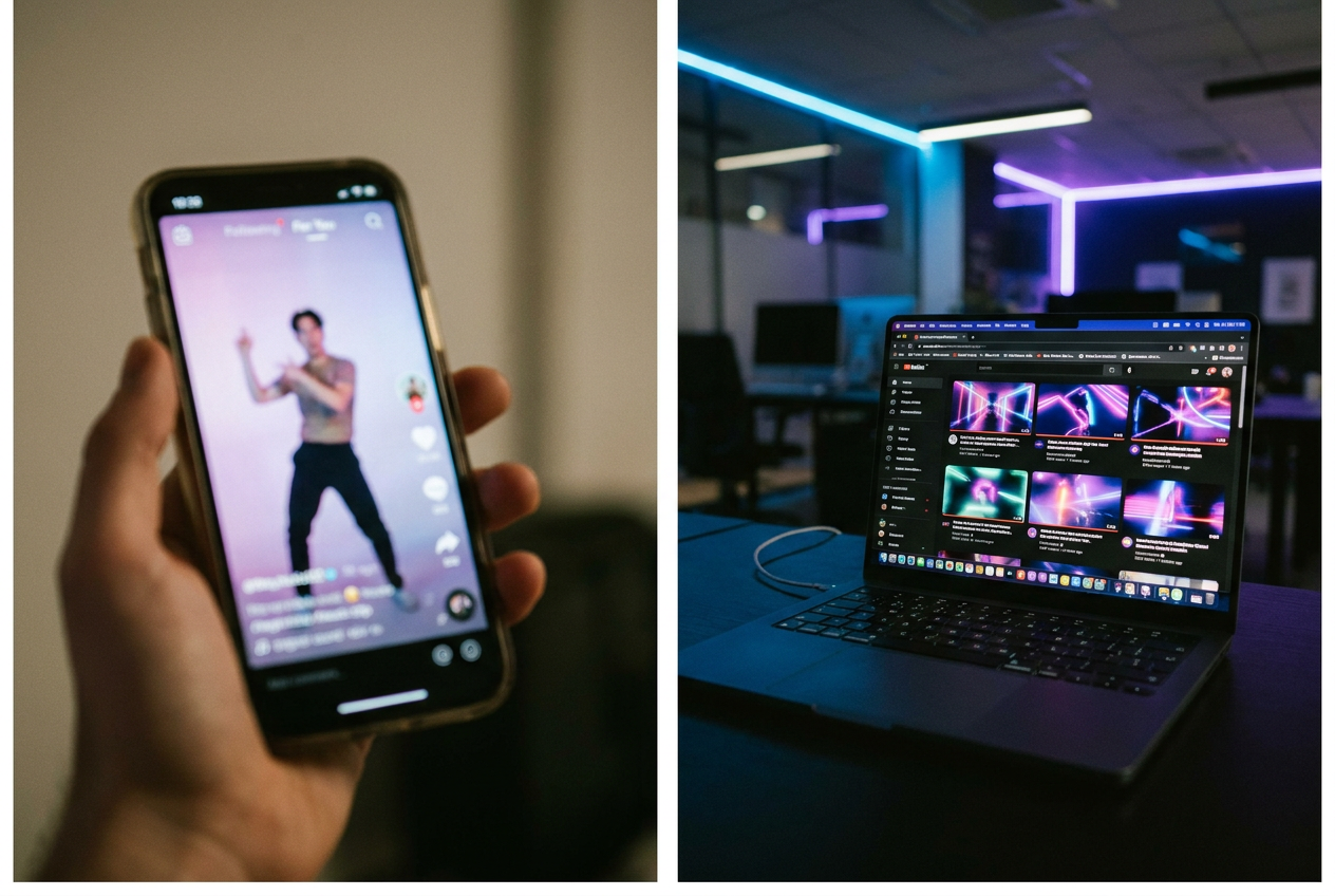 A split-screen showing a phone on the left displaying a TikTok-style interface with a music video playing, and a laptop on the right showing an AI generation interface with multiple video thumbnails being created, neon purple and blue lighting, modern desk setup