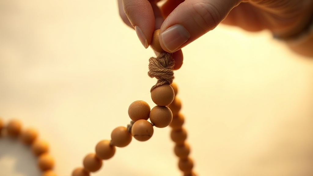 Mains faisant un nœud entre deux perles en bois lors de la fabrication d'un mala bouddhiste