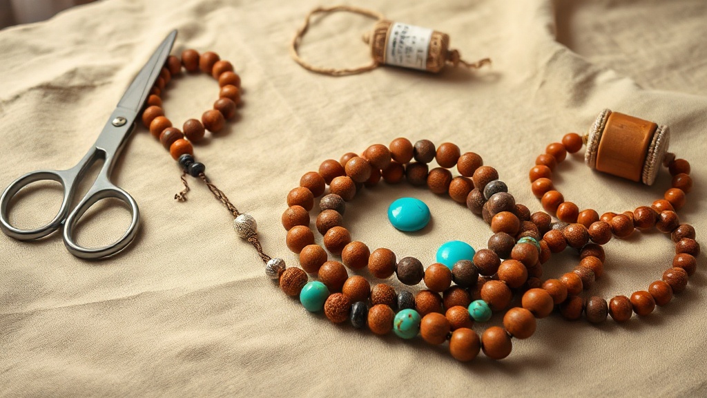 Sélection de perles pour bracelet bouddhiste : bois de santal, turquoise et rudraksha sur tissu de lin