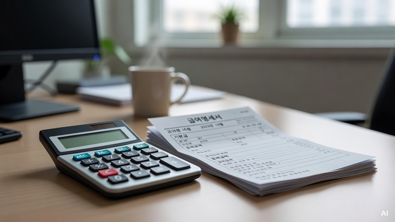 calculator and printed payslip documents on a desk