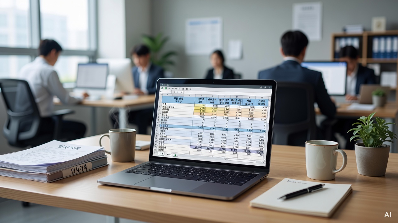 laptop screen showing payroll calculation spreadsheet on office desk
