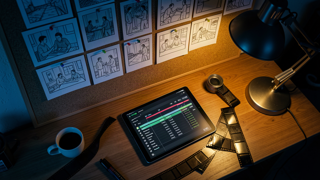 Storyboard-first workflow — director's desk with storyboard frames