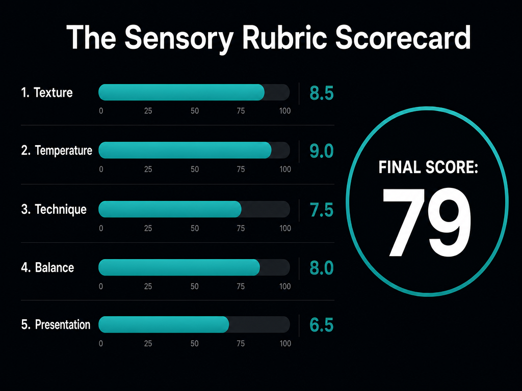 Digital scorecard dashboard displaying 5 scoring categories: Texture, Temperature, Technique, Balance, and Presentation with numerical values.