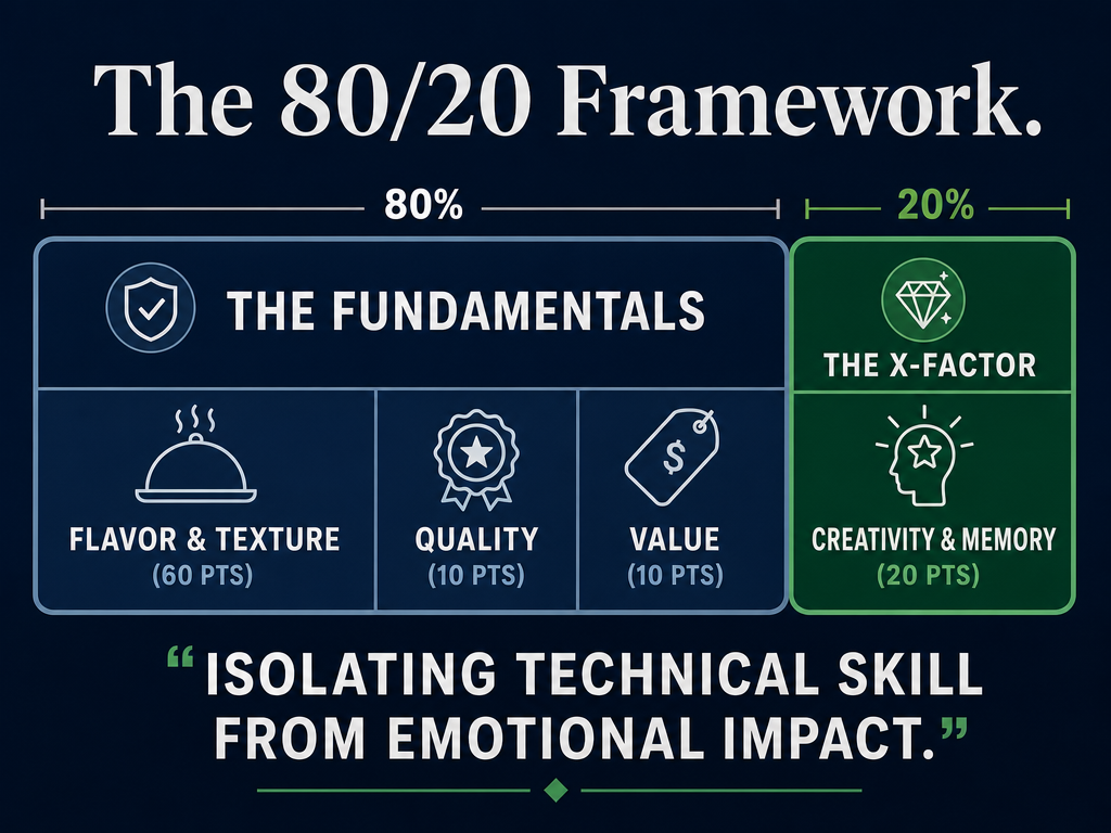 Infographic showing a weighted scoring system with 80% dedicated to fundamentals and 20% dedicated to creativity and memory factor.