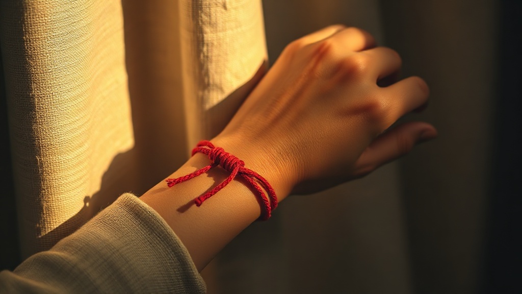 Bracelet fil rouge à sept nœuds bouddhistes porté au poignet comme rappel quotidien de pleine conscience