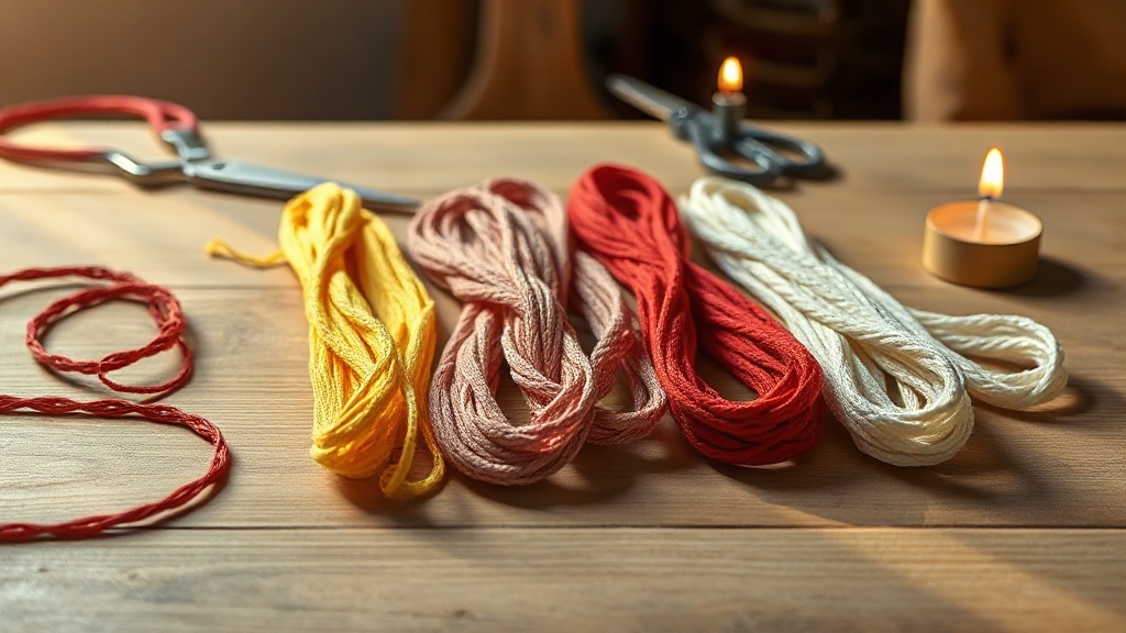 Cordons de soie et nylon de couleurs rouge, jaune et blanc pour réaliser un nœud bouddhiste
