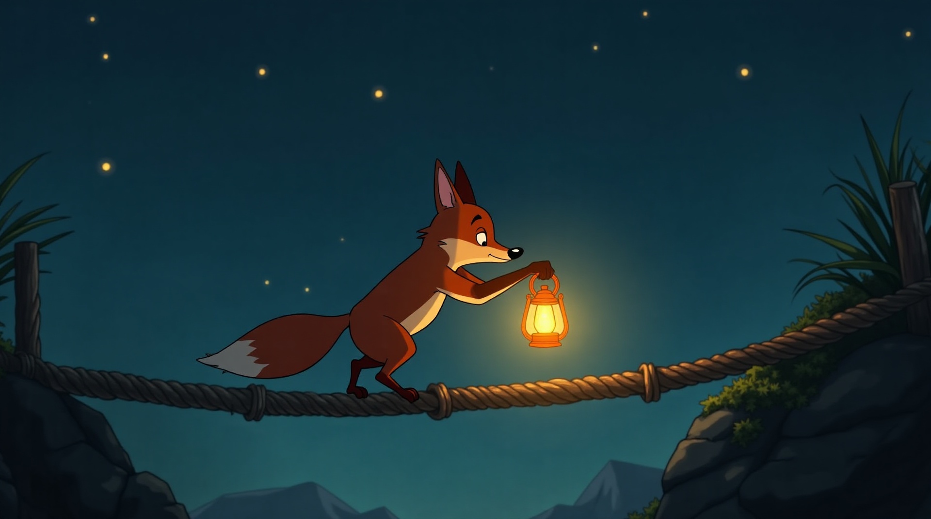 Storybook fox crossing a bridge
