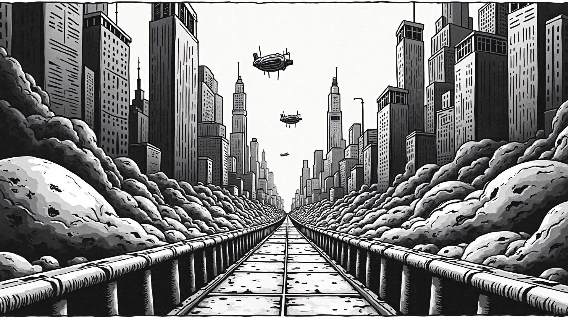 Black and white manga cityscape