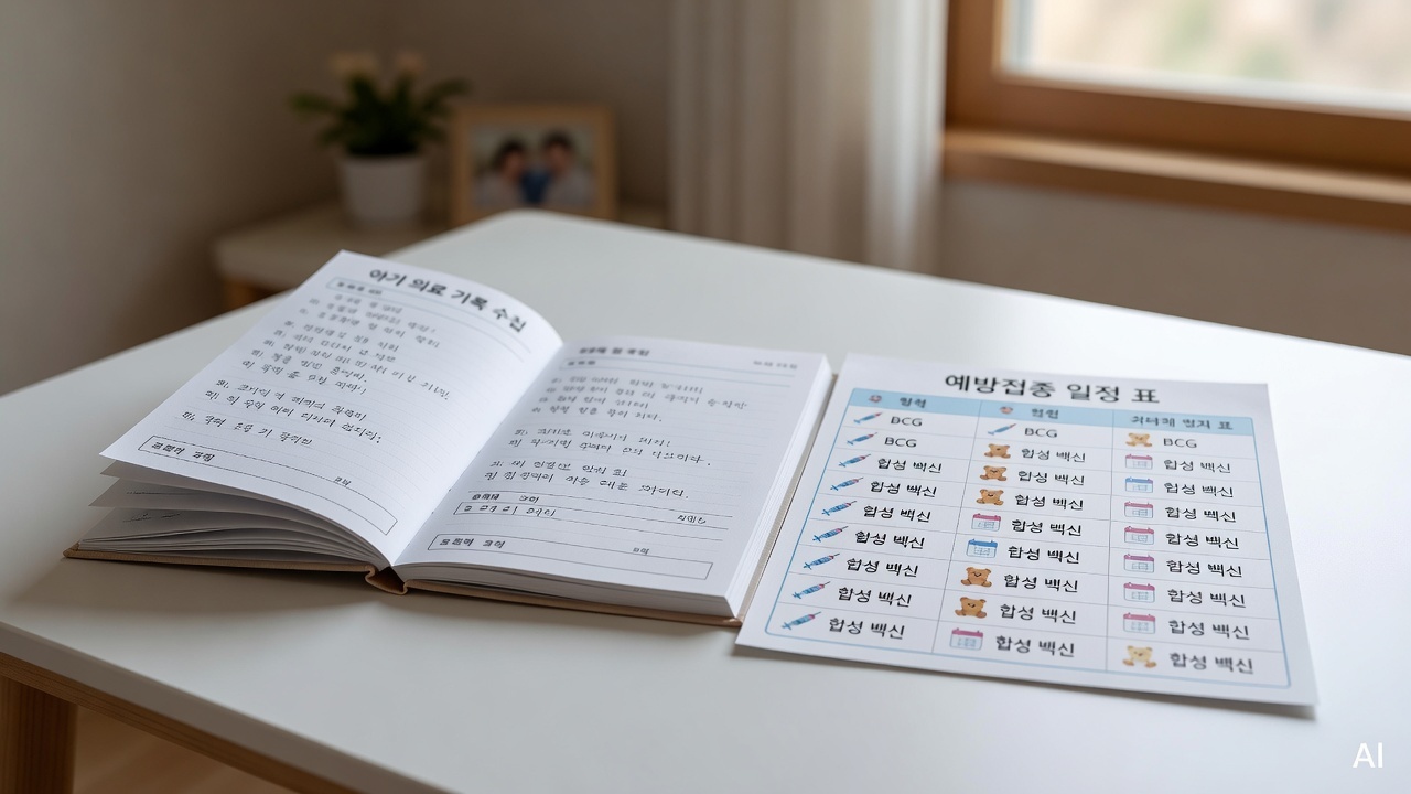 vaccination schedule chart and baby medical record booklet on a white table