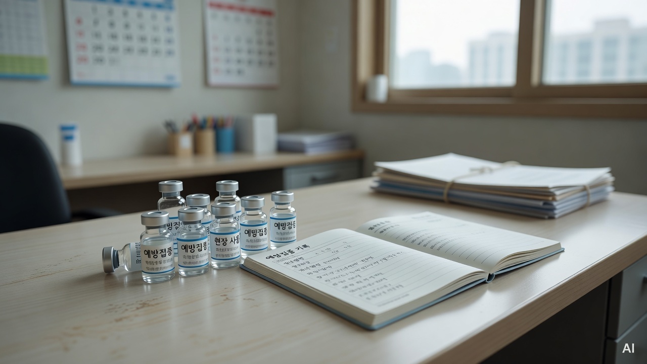 small medical vials and a baby health record notebook on a clinic desk