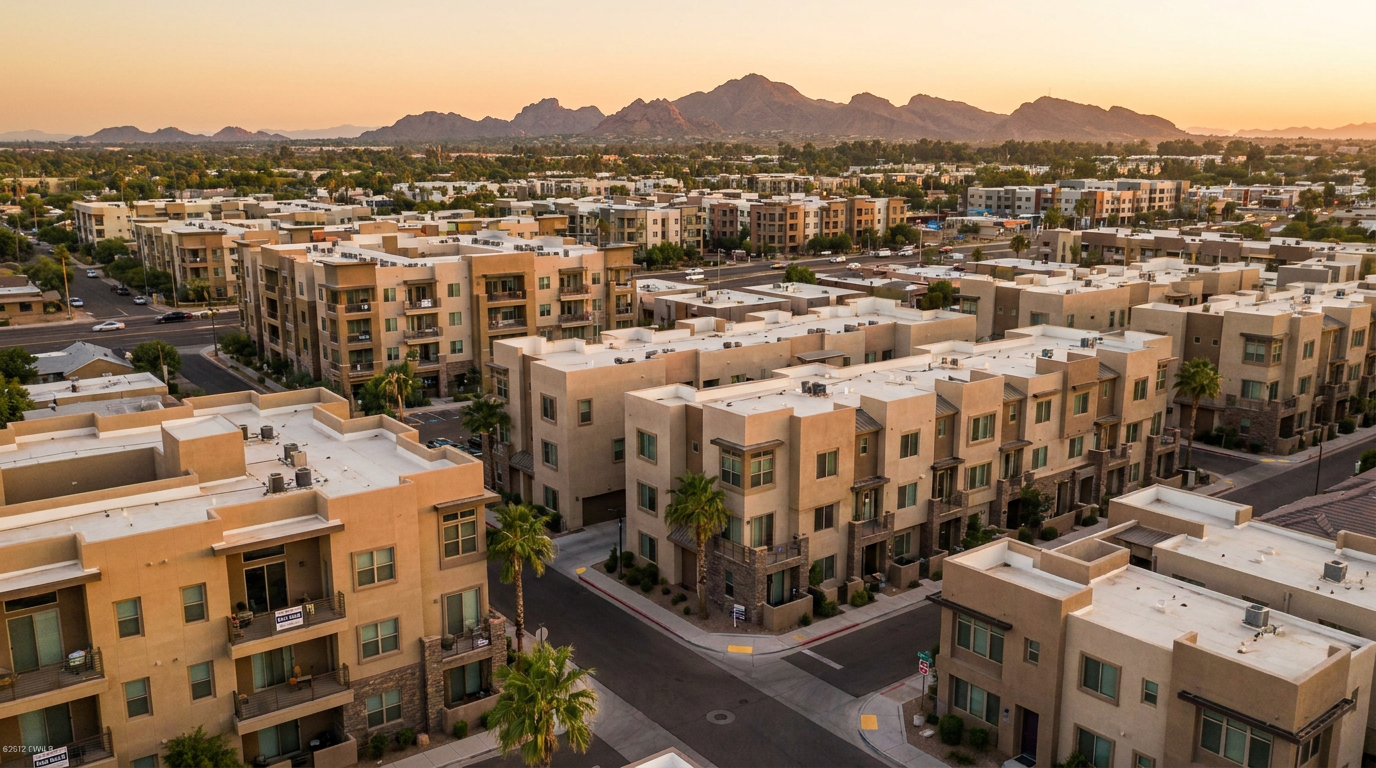 Aerial view of a Southwestern city neighborhood at sunset, mix of mid-rise condo buildings and townh