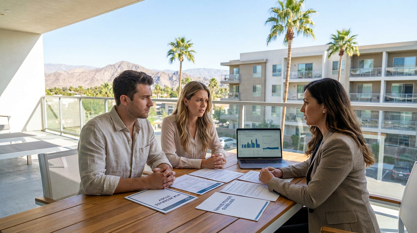 Young couple with a real estate agent on a sunny Southwestern condo balcony, distant desert mountain