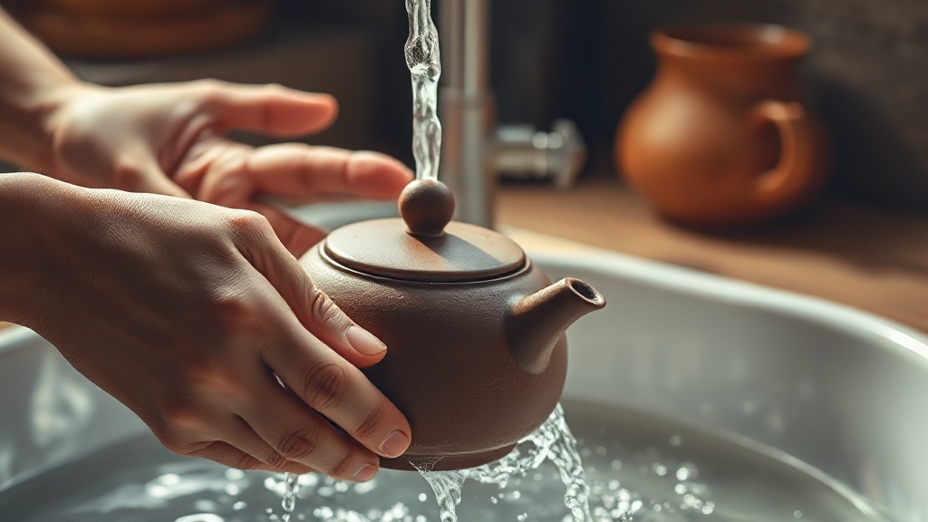Rinçage à l'eau claire d'un kyusu Tokoname en argile après utilisation, sans savon