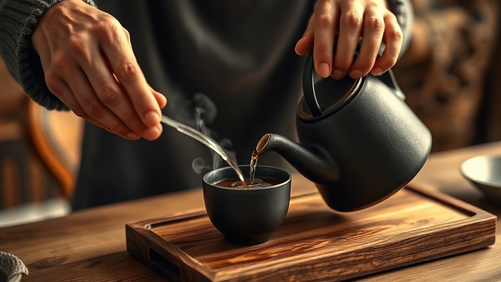 Versement du thé depuis une théière en fonte Wazuqu noire dans une tasse en céramique