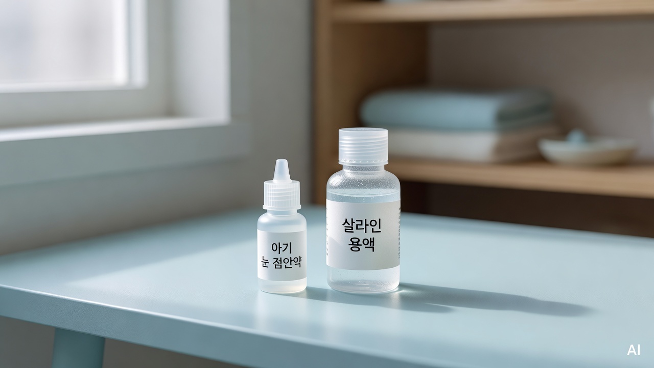baby eye drop bottle and saline solution on a pastel blue background