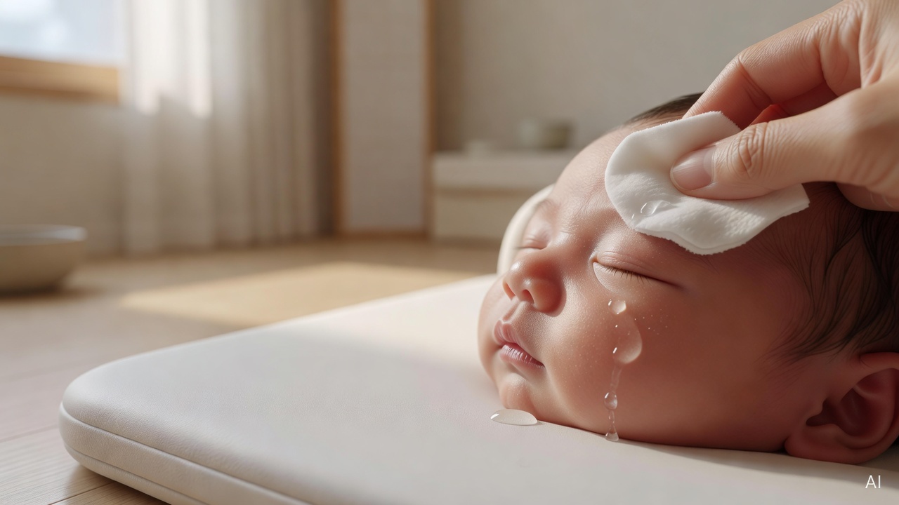 close-up of a baby's eye area with gentle cotton pad and saline solution on a white surface