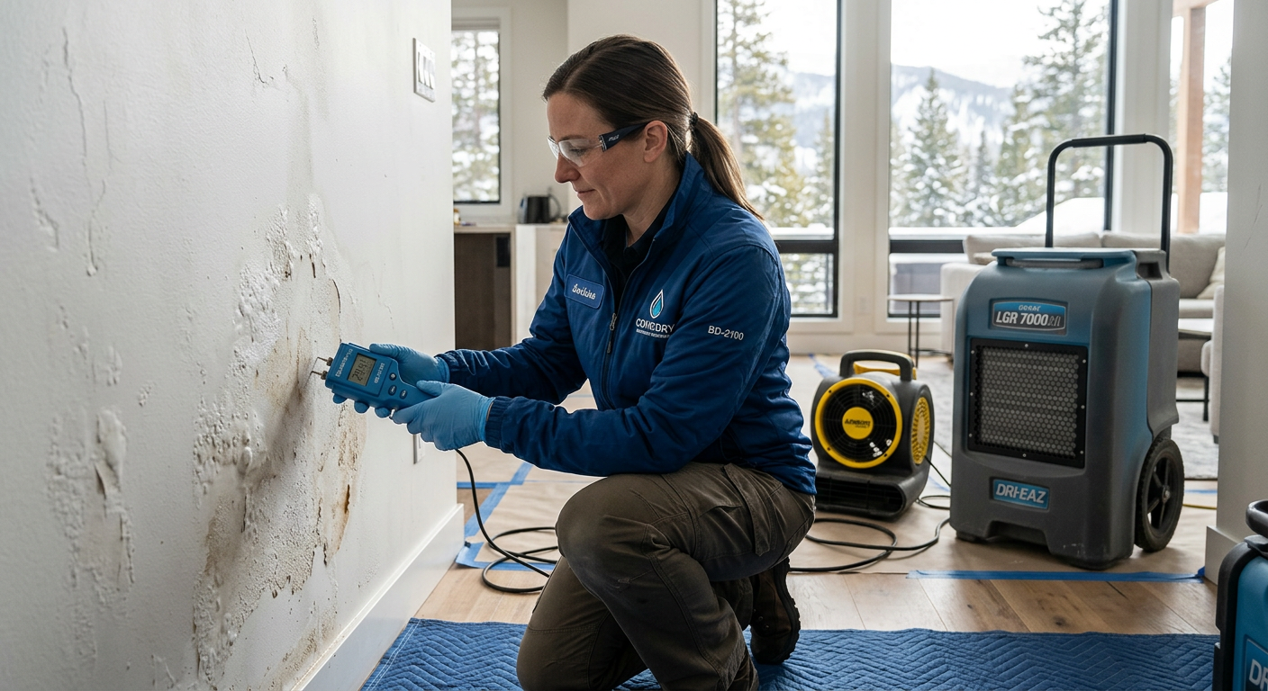 Photorealistic restoration technician in protective workwear using a moisture meter on a water-damaged wall in a modern Co...