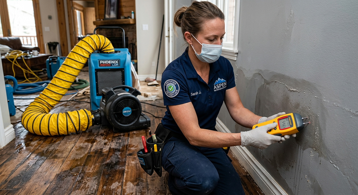 Flood Damage Cleanup Roaring Fork Valley: Fast Emergency Steps | Water Damage Cleanup & Restoration Company in Aspen | Helpers Photorealistic close-up of a certified water restoration technician using a moisture meter beside wet drywall and hardwood...
